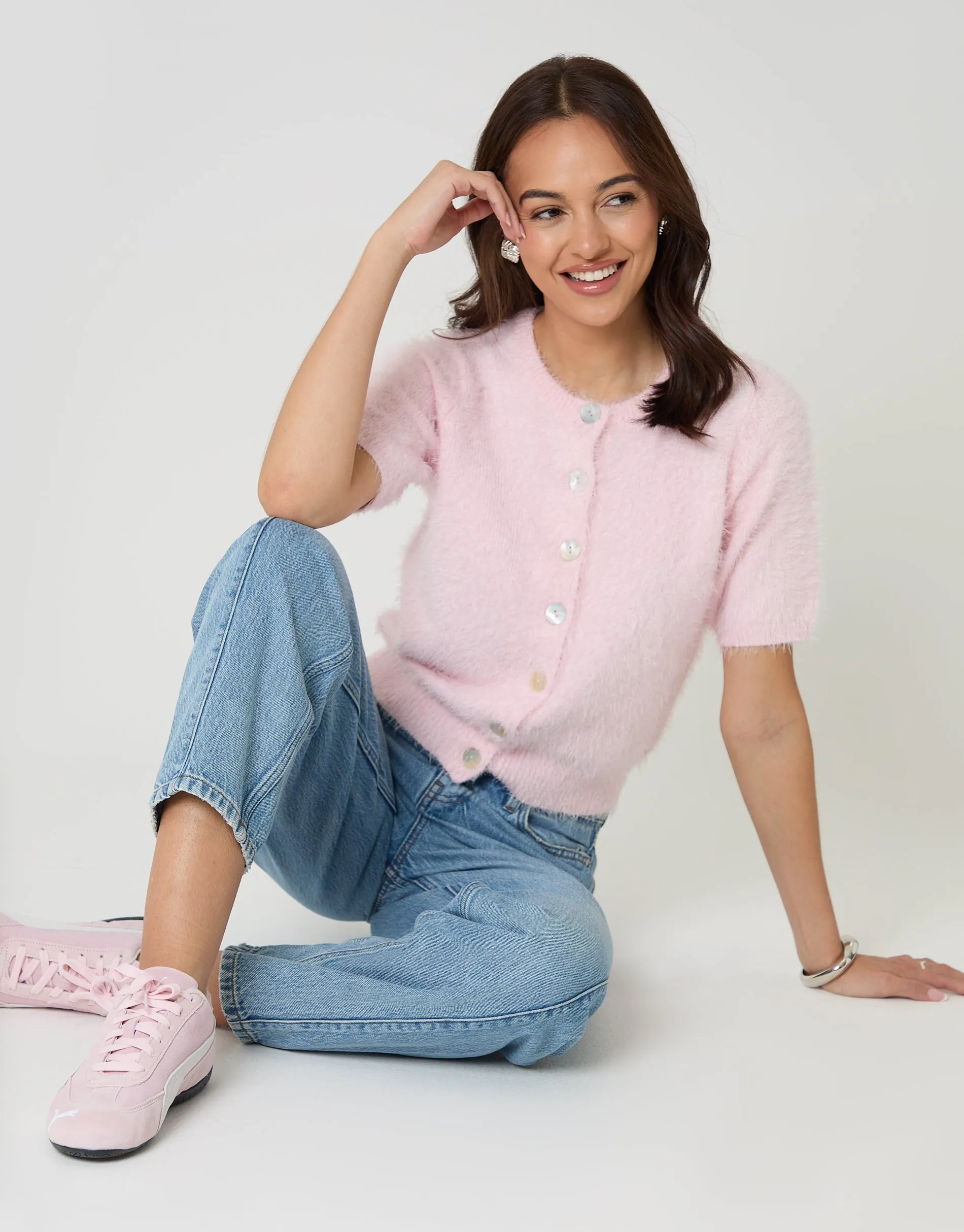 Pink Crew Neck Short Sleeve Knitted Cardigan sold by Threadbare