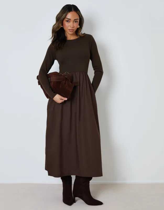 Chocolate Brown Rib Jersey 2-in-1 Midi Dress with Poplin Skirt sold by Threadbare