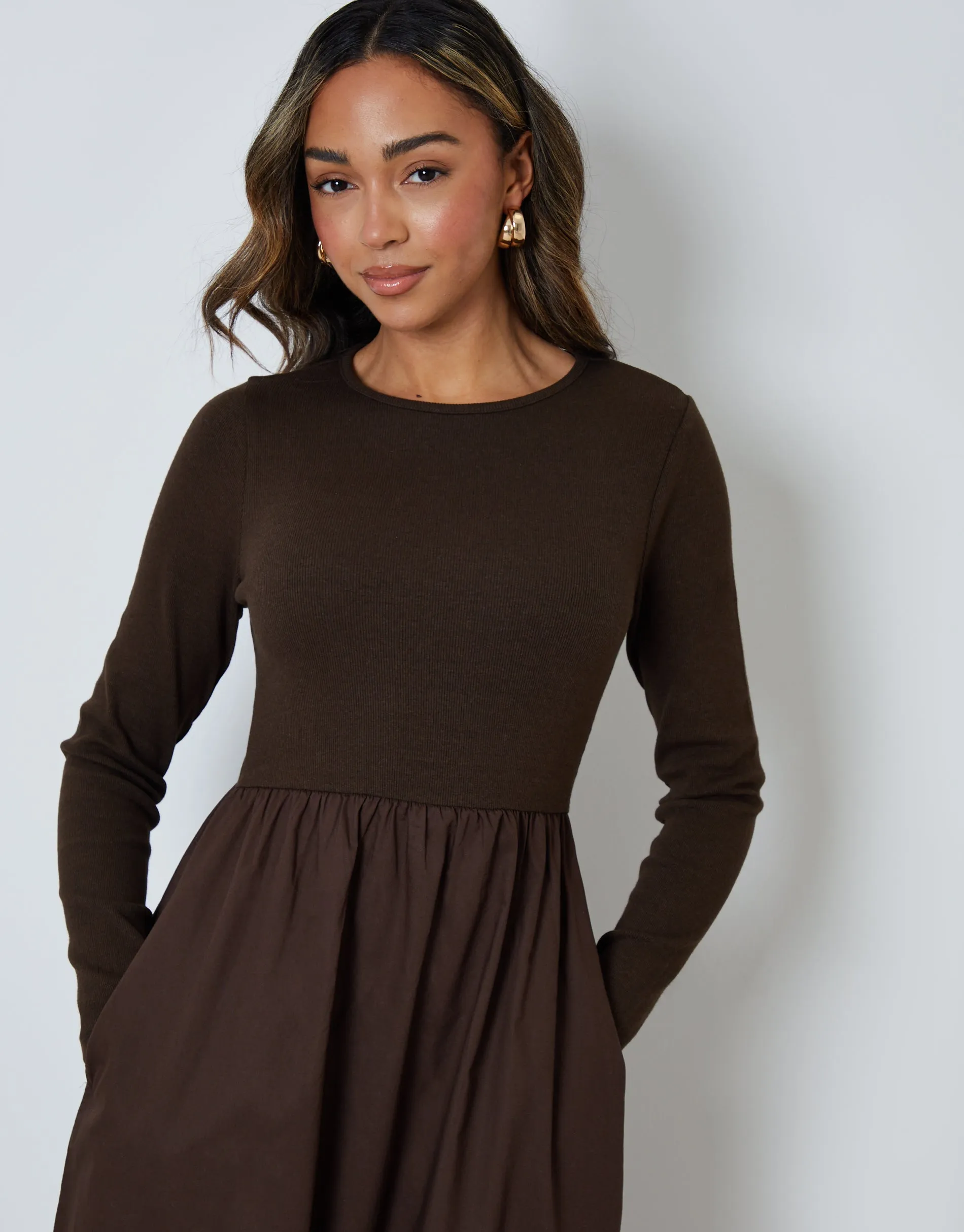 Chocolate Brown Rib Jersey 2-in-1 Midi Dress with Poplin Skirt sold by Threadbare product image thumbnail 4