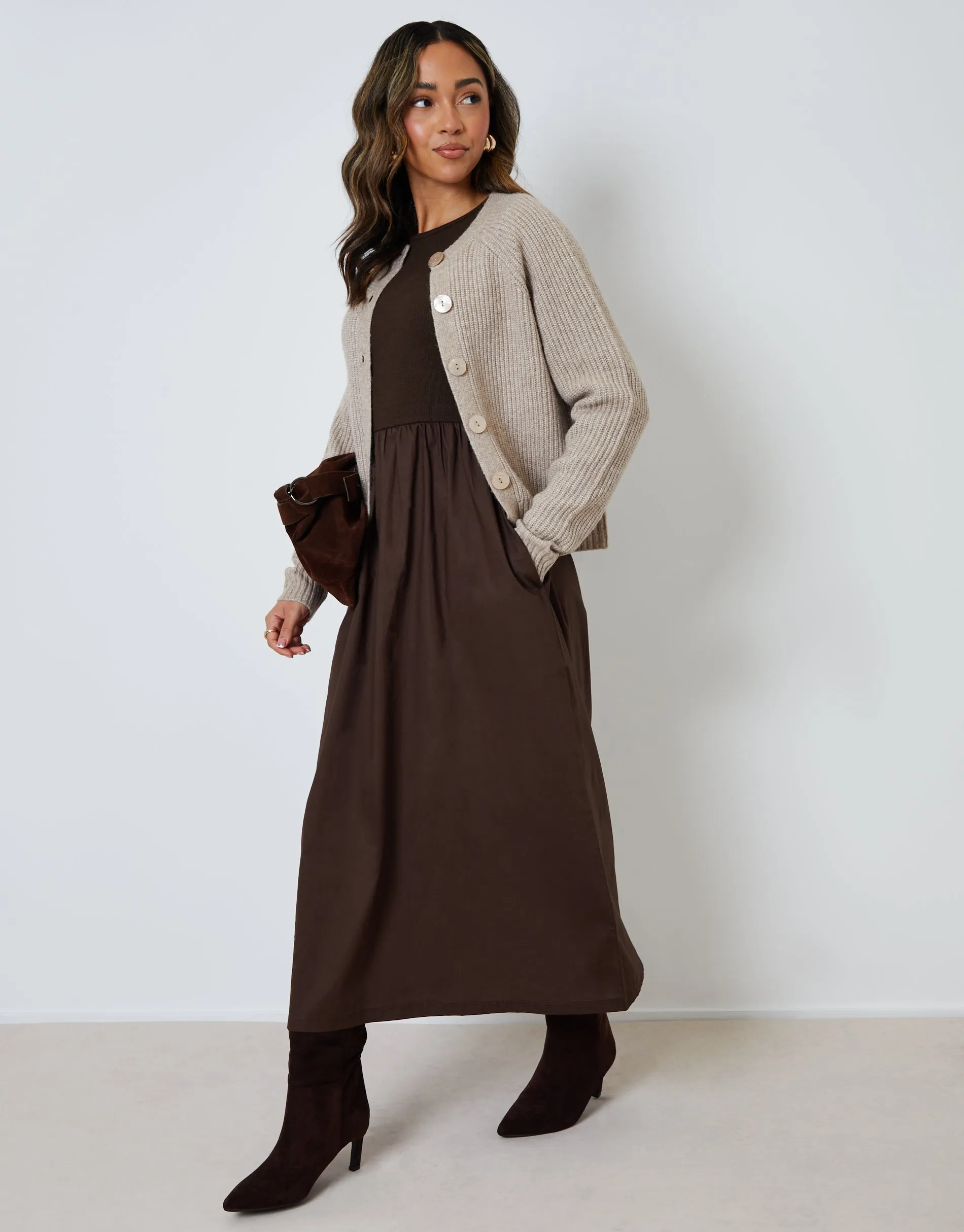 Chocolate Brown Rib Jersey 2-in-1 Midi Dress with Poplin Skirt sold by Threadbare product image thumbnail 5