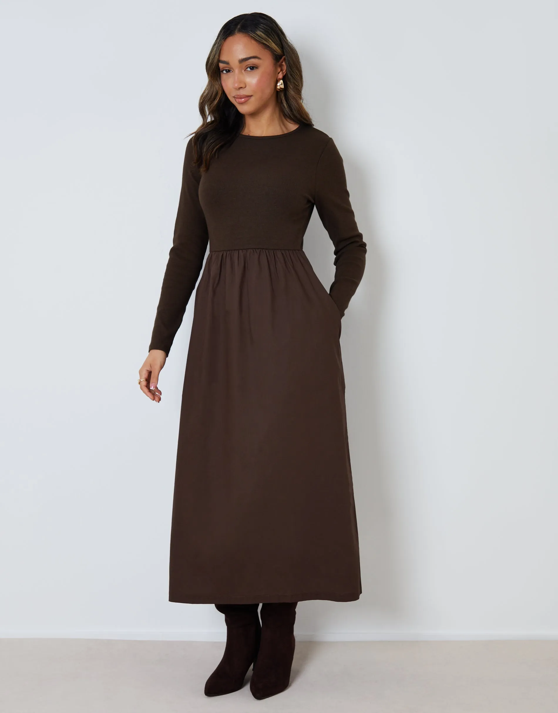 Chocolate Brown Rib Jersey 2-in-1 Midi Dress with Poplin Skirt sold by Threadbare product image thumbnail 3