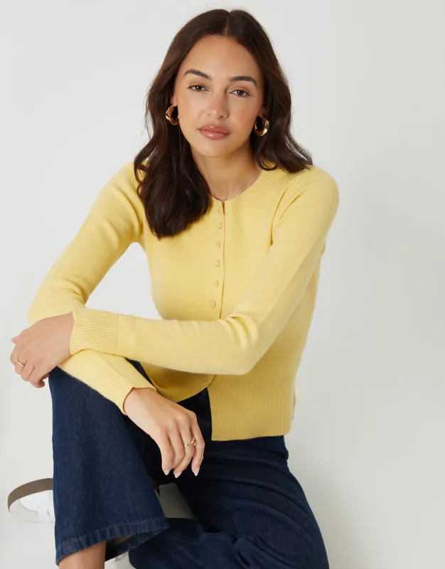 Lemon Yellow Crew Neck Compact Knitted Cardigan made by Threadbare