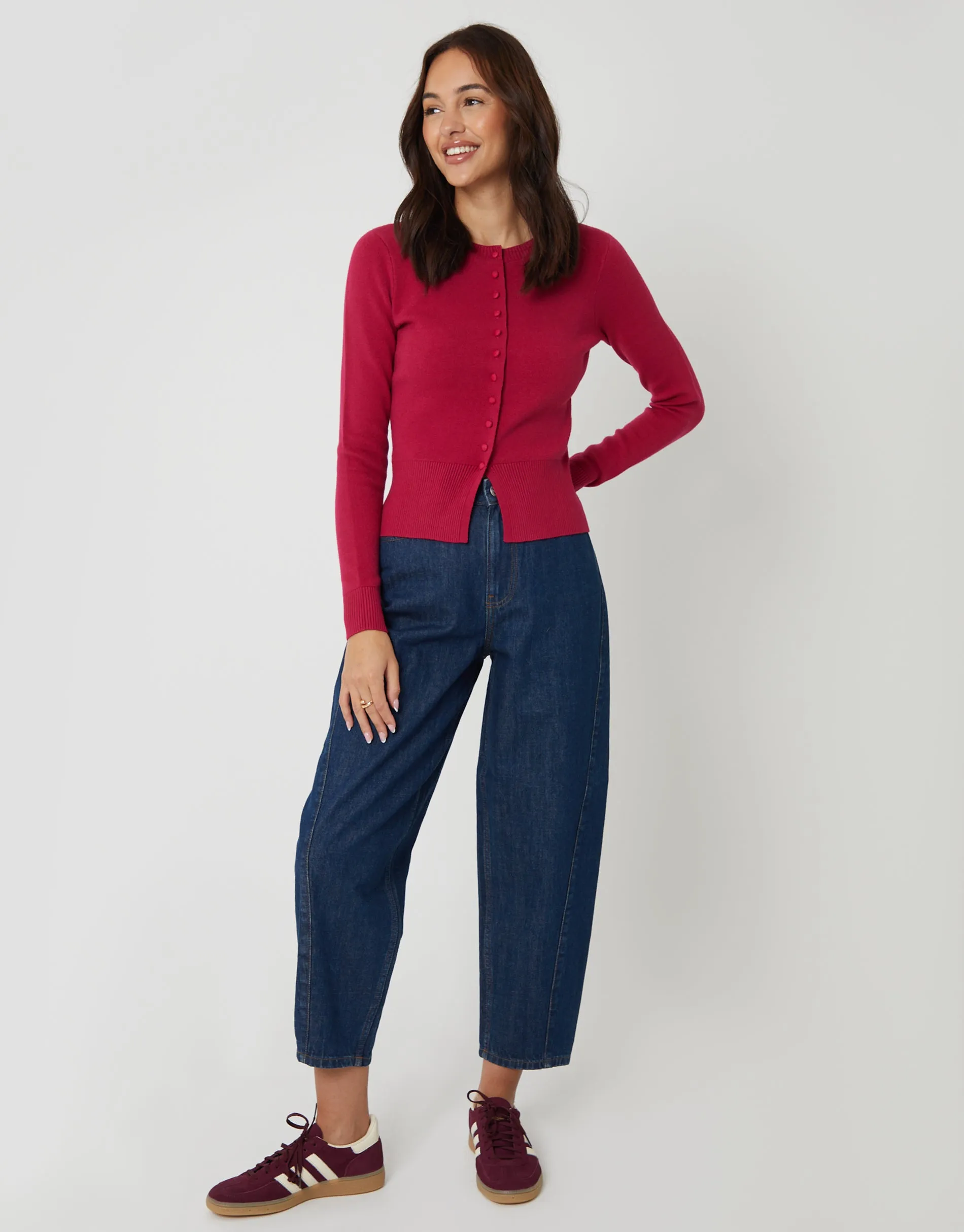 Crew Neck Compact Knitted Cardigan in Hot Pink sold by Threadbare product image thumbnail 3