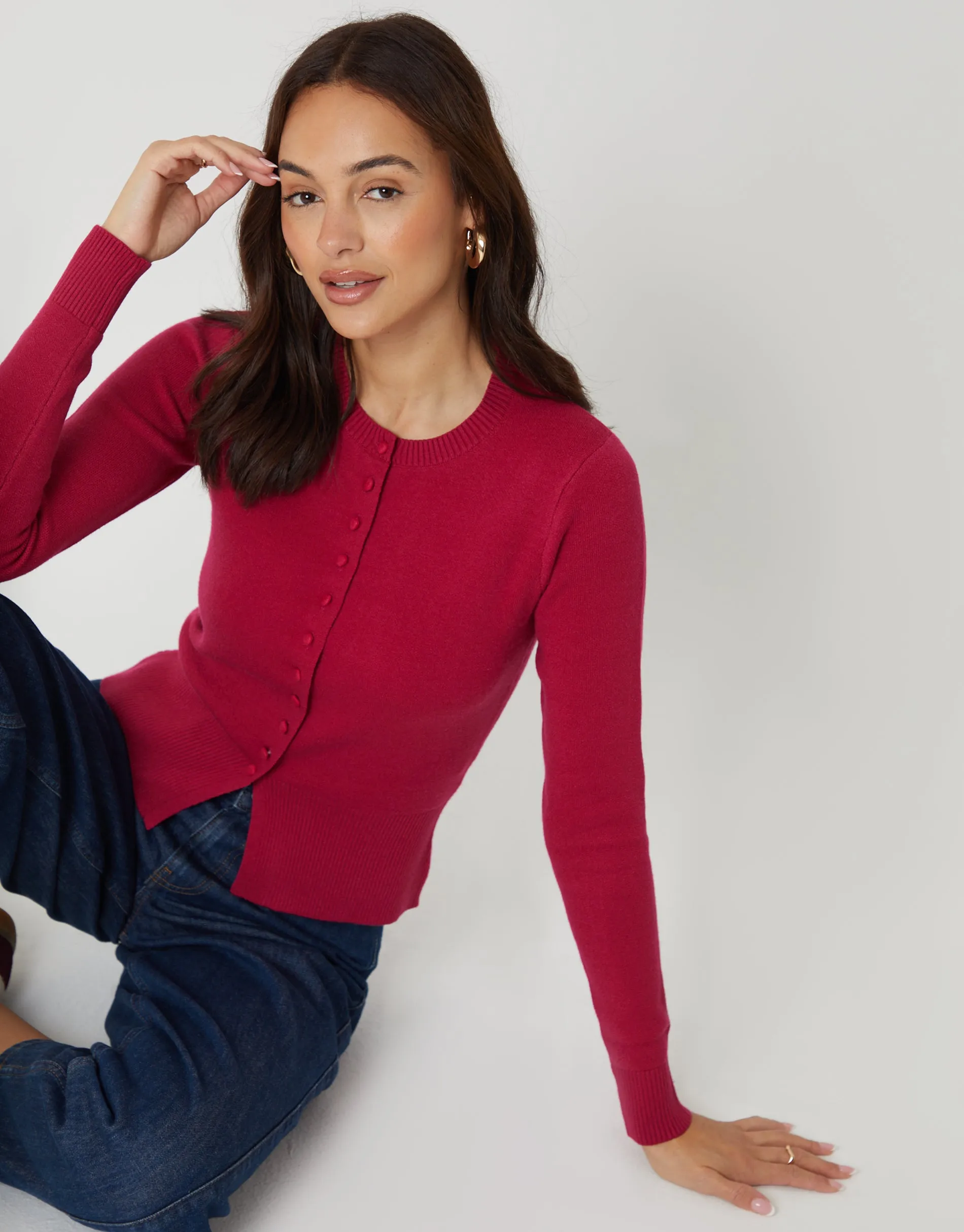 Crew Neck Compact Knitted Cardigan in Hot Pink sold by Threadbare