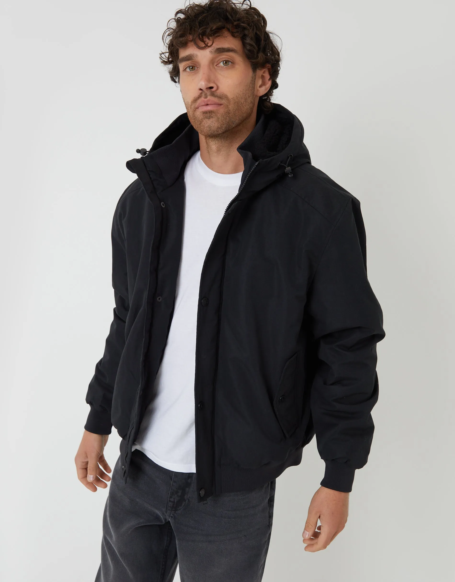 Microfleece Lined Hooded Lightweight Jacket in Black sold by Threadbare