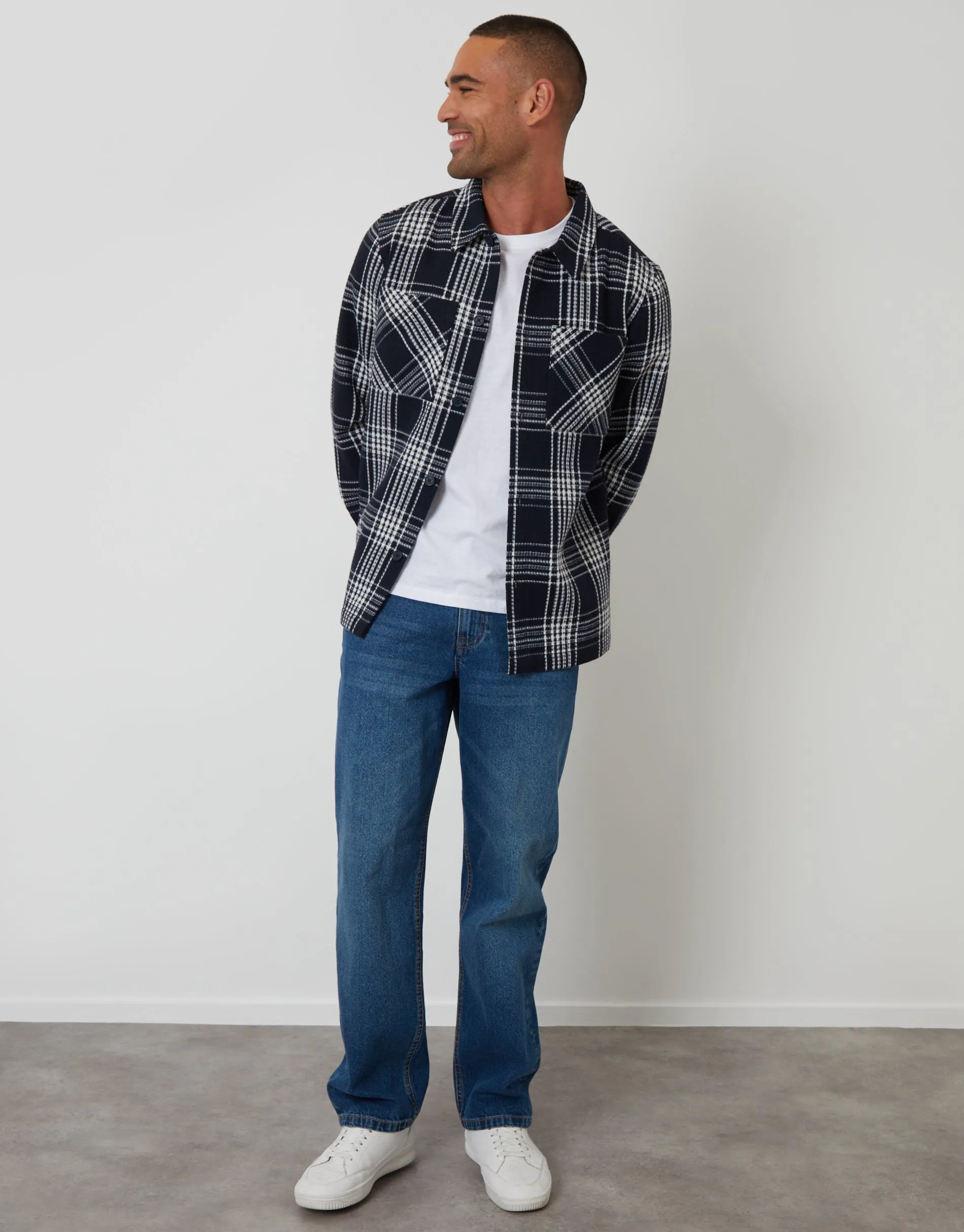 Waffle Textured Shacket in Navy Check sold by Threadbare product image thumbnail 3