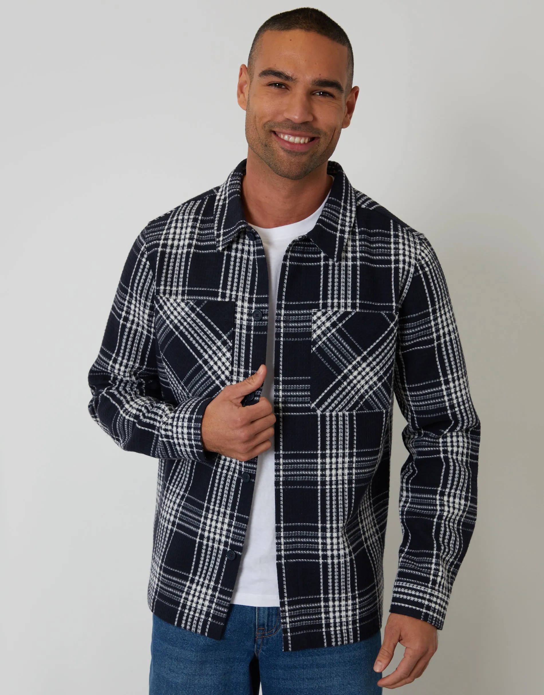 Waffle Textured Shacket in Navy Check sold by Threadbare