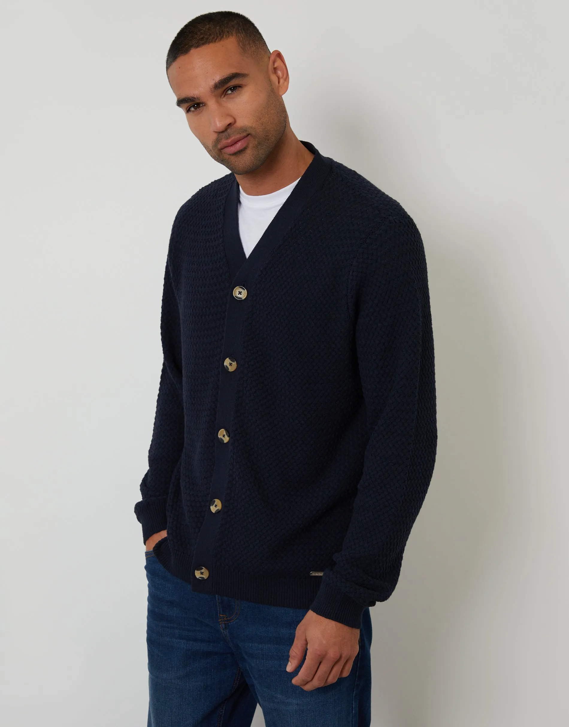 Navy Basket Stitch Cardigan sold by Threadbare