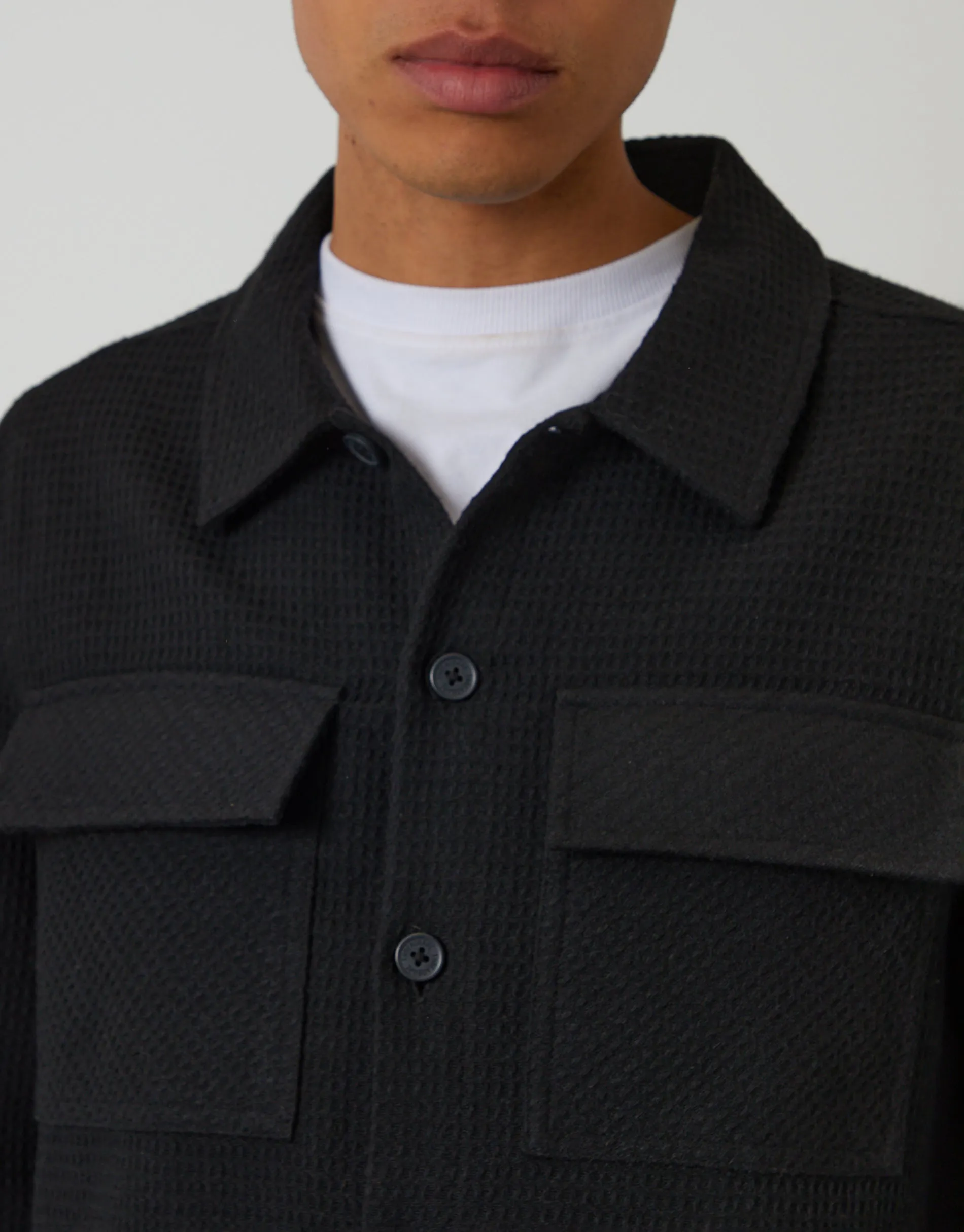 Black Waffle Textured Straight Hem Shacket sold by Threadbare product image thumbnail 4