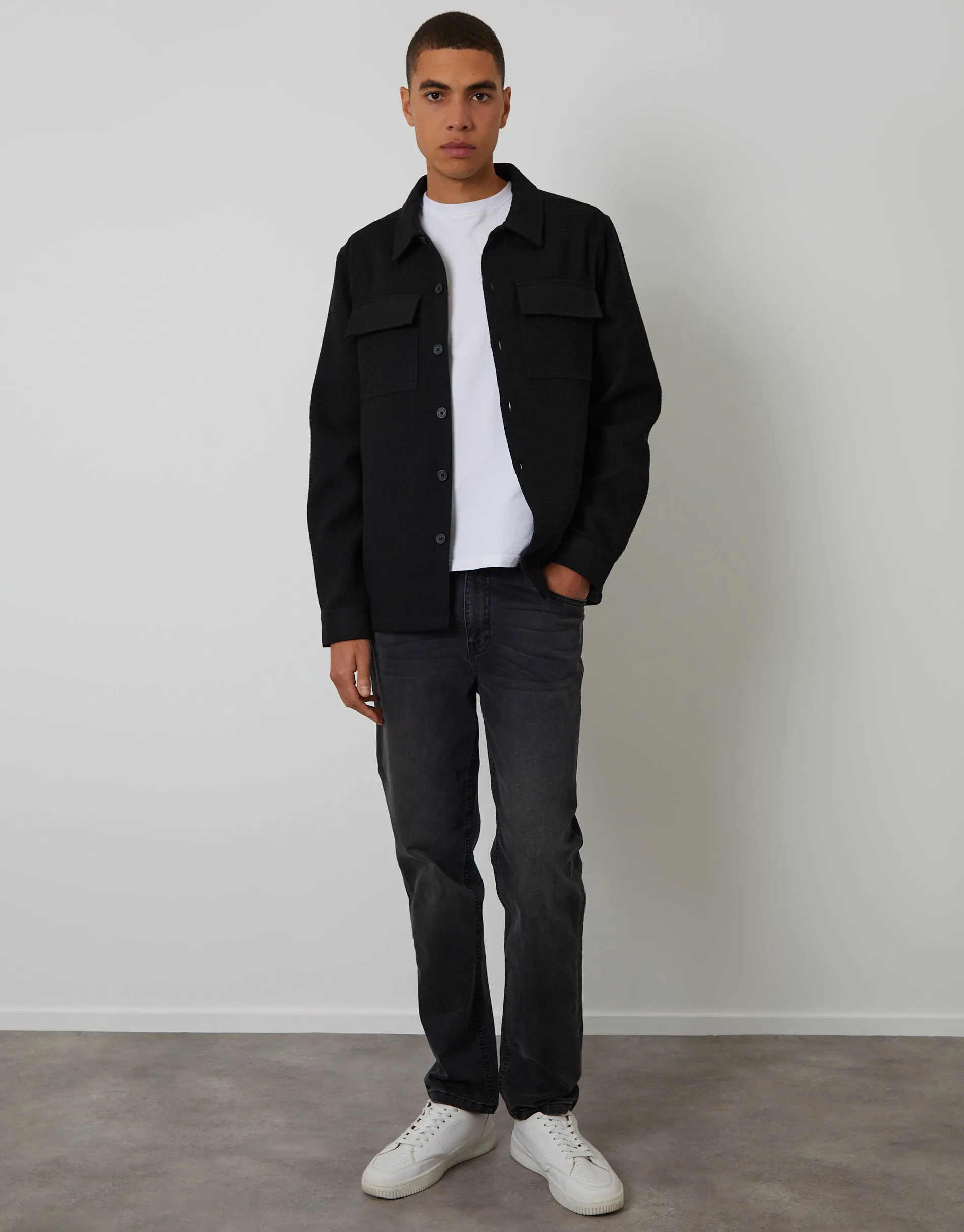 Black Waffle Textured Straight Hem Shacket sold by Threadbare product image thumbnail 3