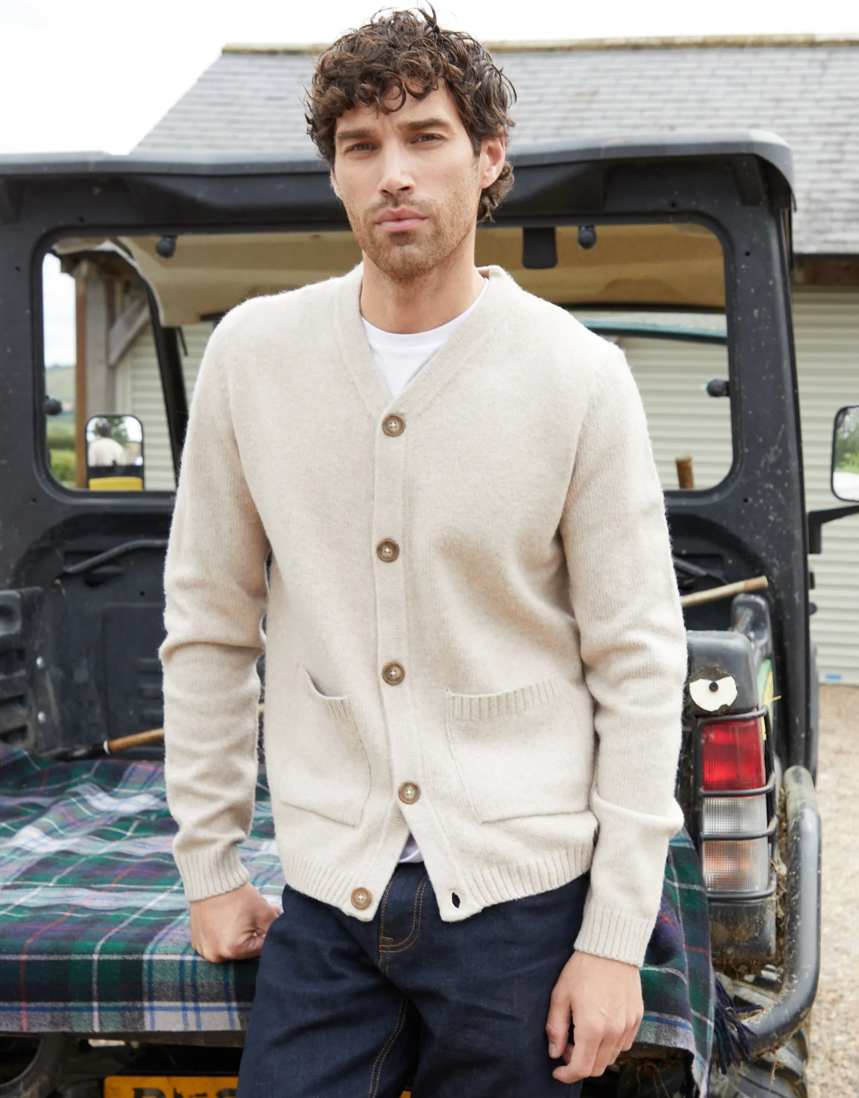 Ecru Knitted Button Up Patch Pocket Cardigan sold by Threadbare