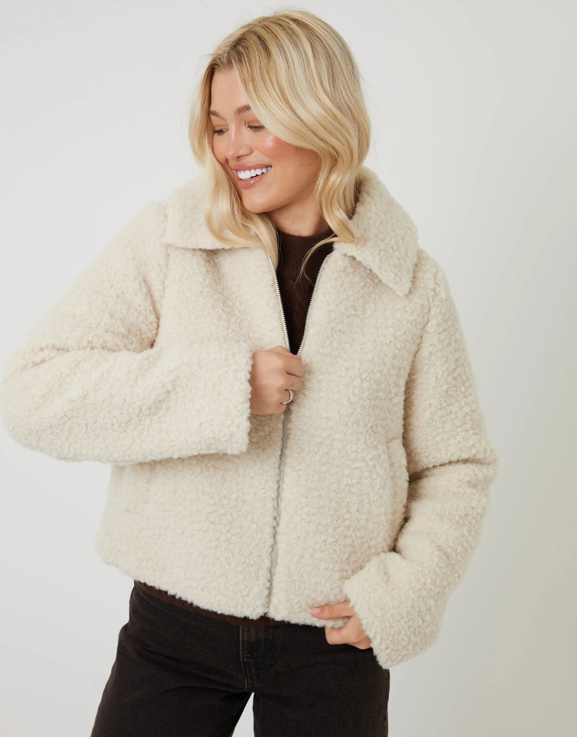 Cream Collared Zip Up Borg Bomber Jacket sold by Threadbare product image thumbnail 3