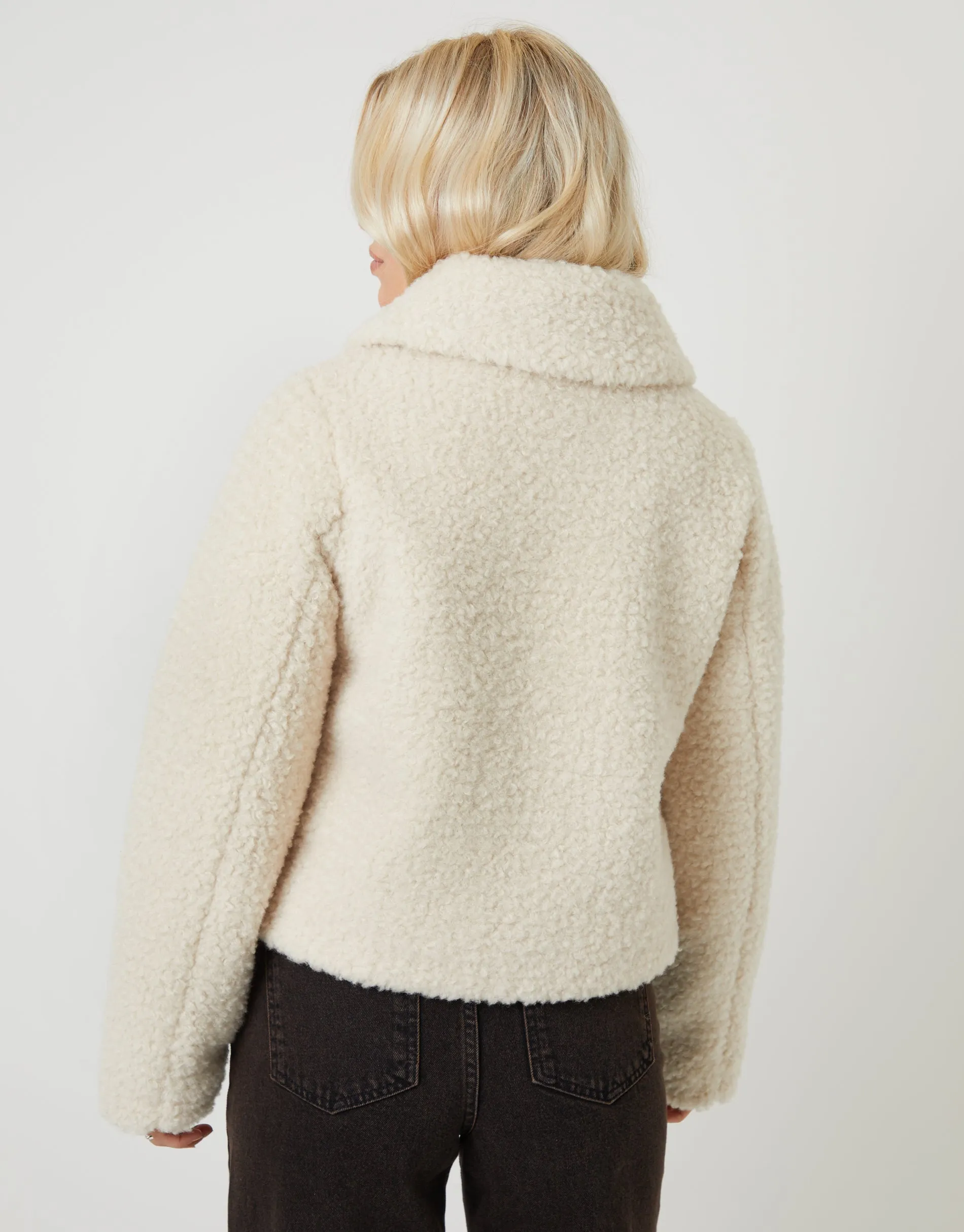 Cream Collared Zip Up Borg Bomber Jacket sold by Threadbare product image thumbnail 4