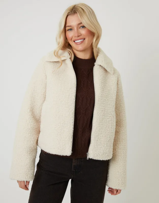 Cream Collared Zip Up Borg Bomber Jacket made by Threadbare