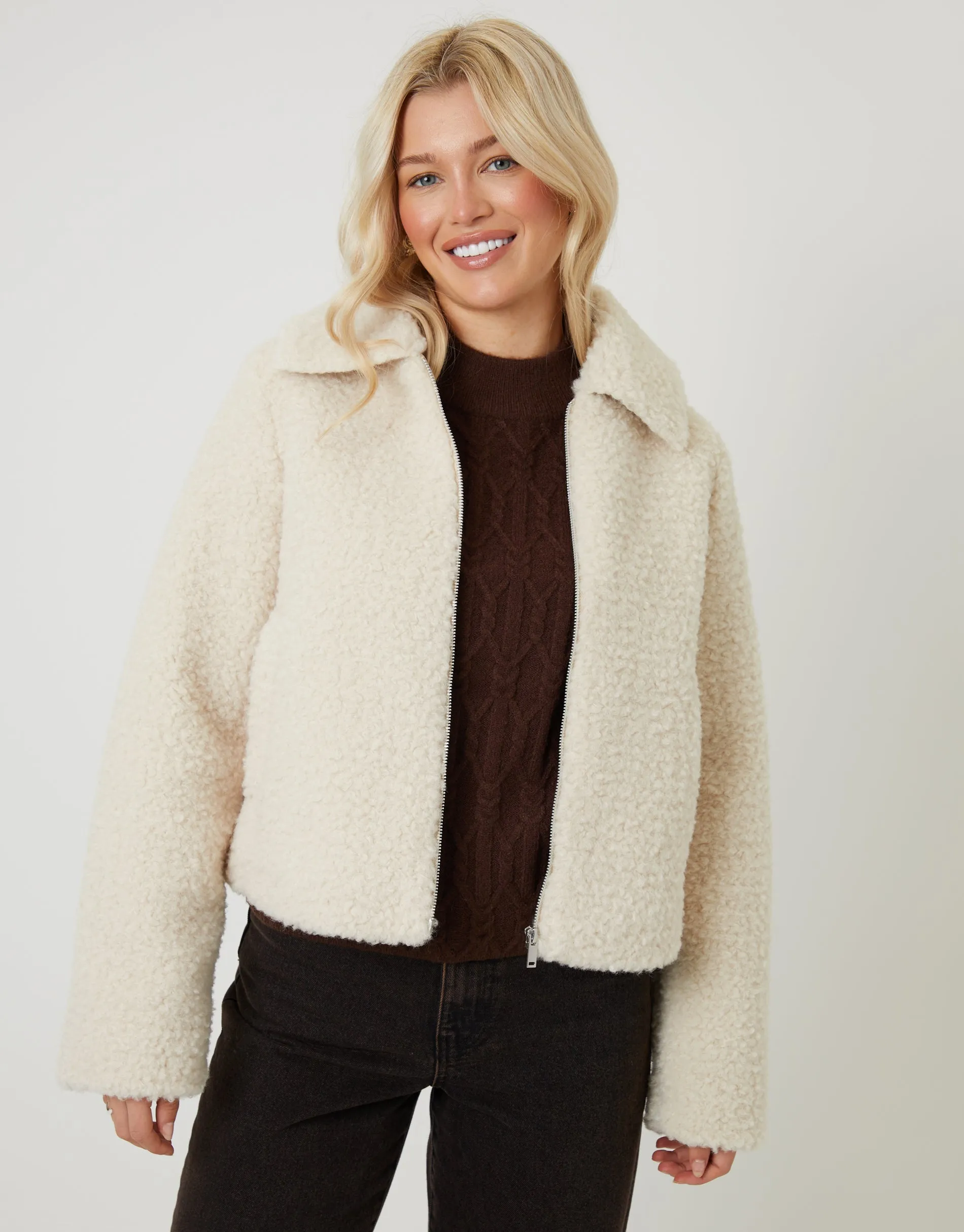 Cream Collared Zip Up Borg Bomber Jacket sold by Threadbare