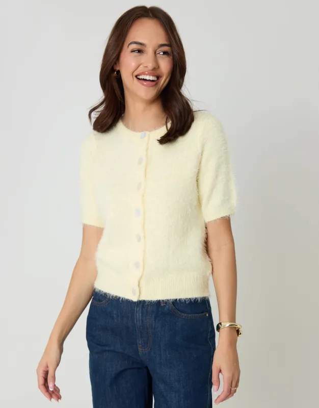 Yellow Eyelash Knit Short Sleeve Cardigan sold by Threadbare