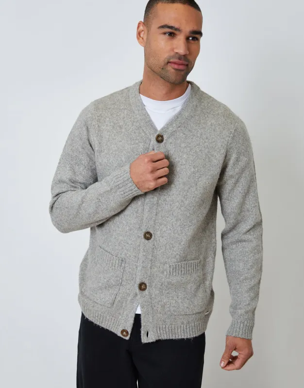 Light Grey Knitted Button Up Patch Pocket Cardigan made by Threadbare