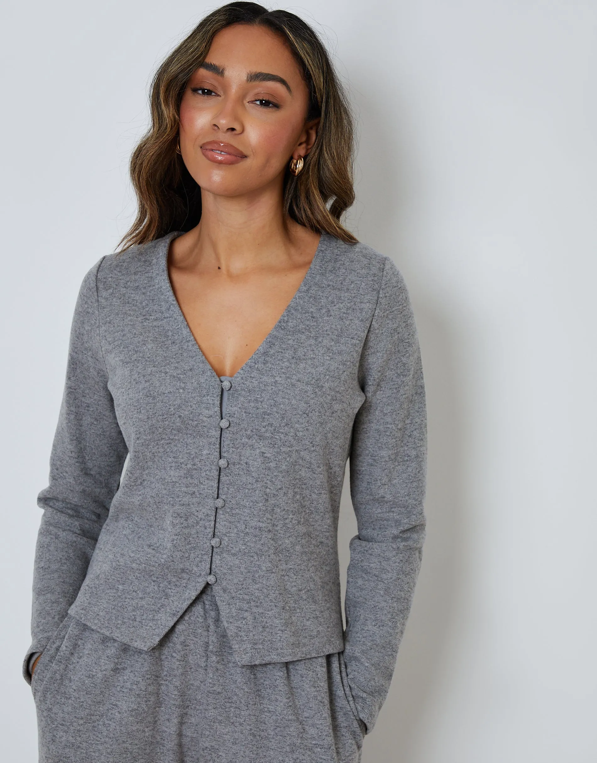 Grey Ribbed V Neck Lounge Cardigan sold by Threadbare
