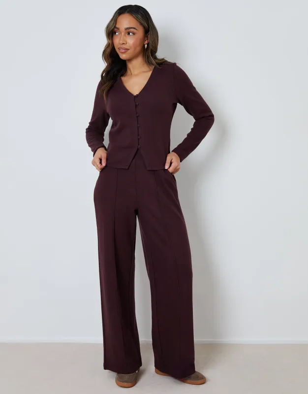 Wide Leg Seam Detail Ribbed Joggers in Chocolate Brown made by Threadbare