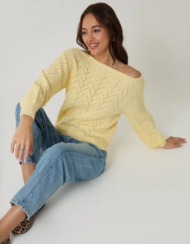 Lemon Yellow Pointelle Knit Slash Neck Jumper made by Threadbare