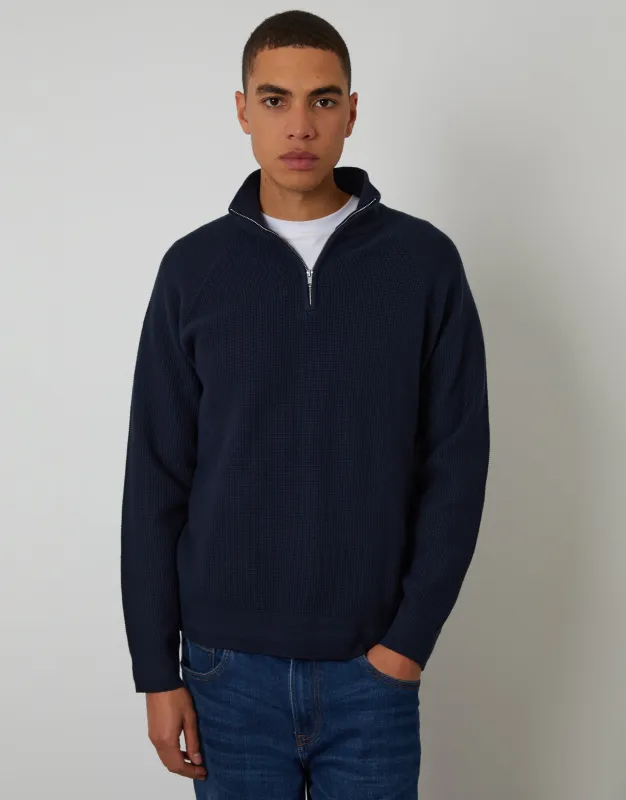 Navy Waffle Knit Raglan Quarter Zip Jumper sold by Threadbare