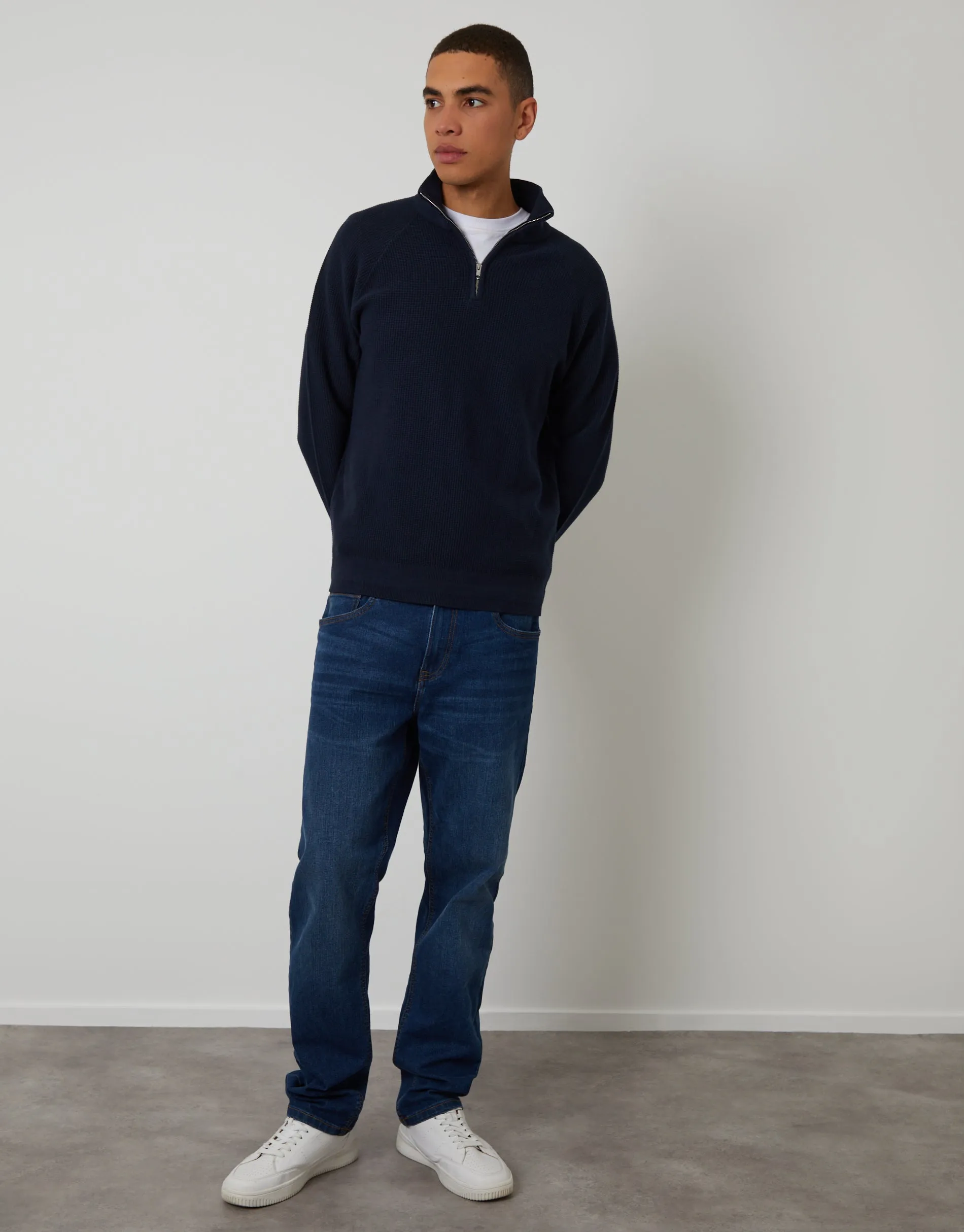 Navy Waffle Knit Raglan Quarter Zip Jumper sold by Threadbare product image thumbnail 3