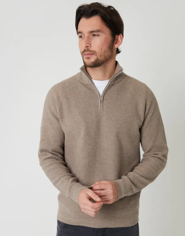 Taupe Marl Waffle Knit Raglan Quarter Zip Jumper sold by Threadbare