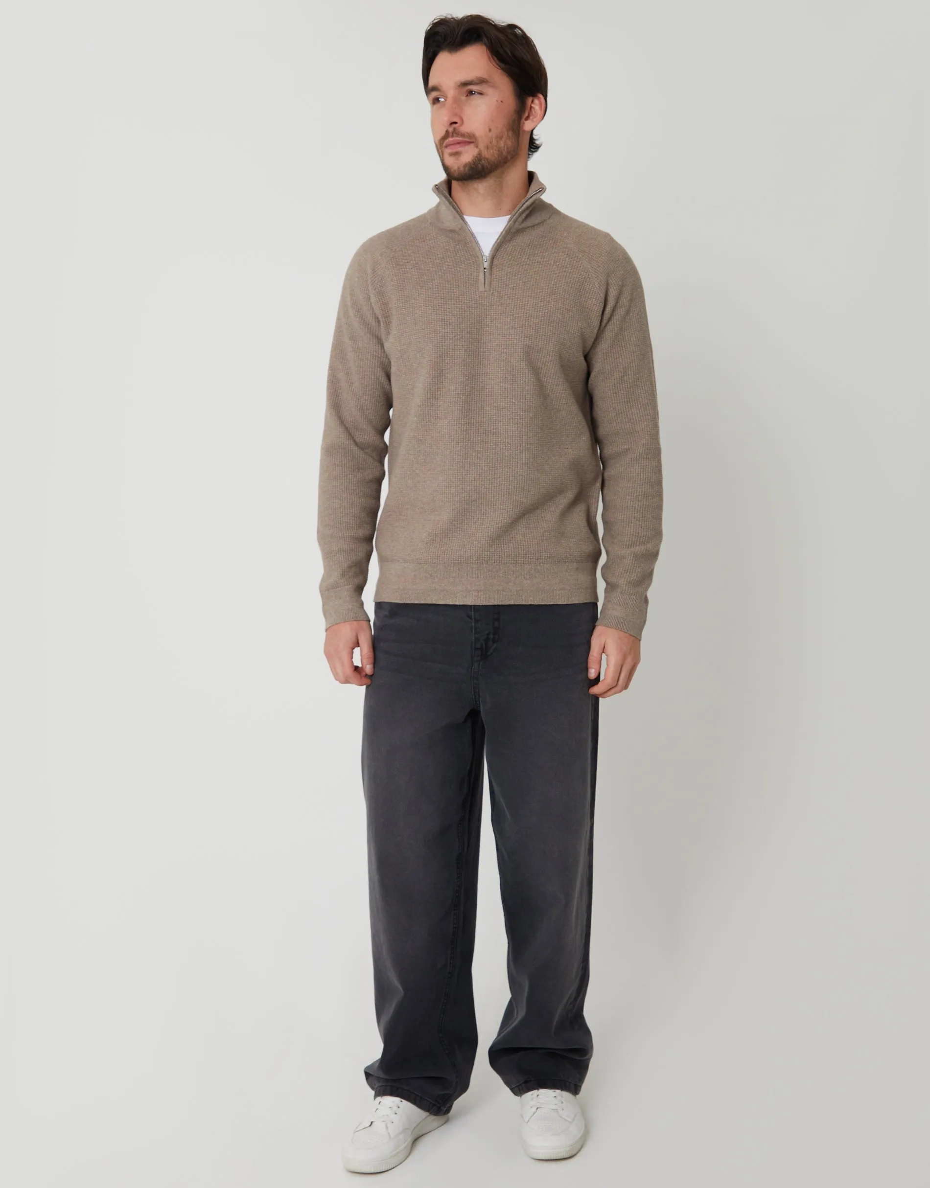 Taupe Marl Waffle Knit Raglan Quarter Zip Jumper sold by Threadbare product image thumbnail 3