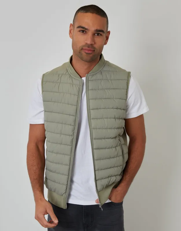 Sage Green Quilted Hybrid Gilet sold by Threadbare