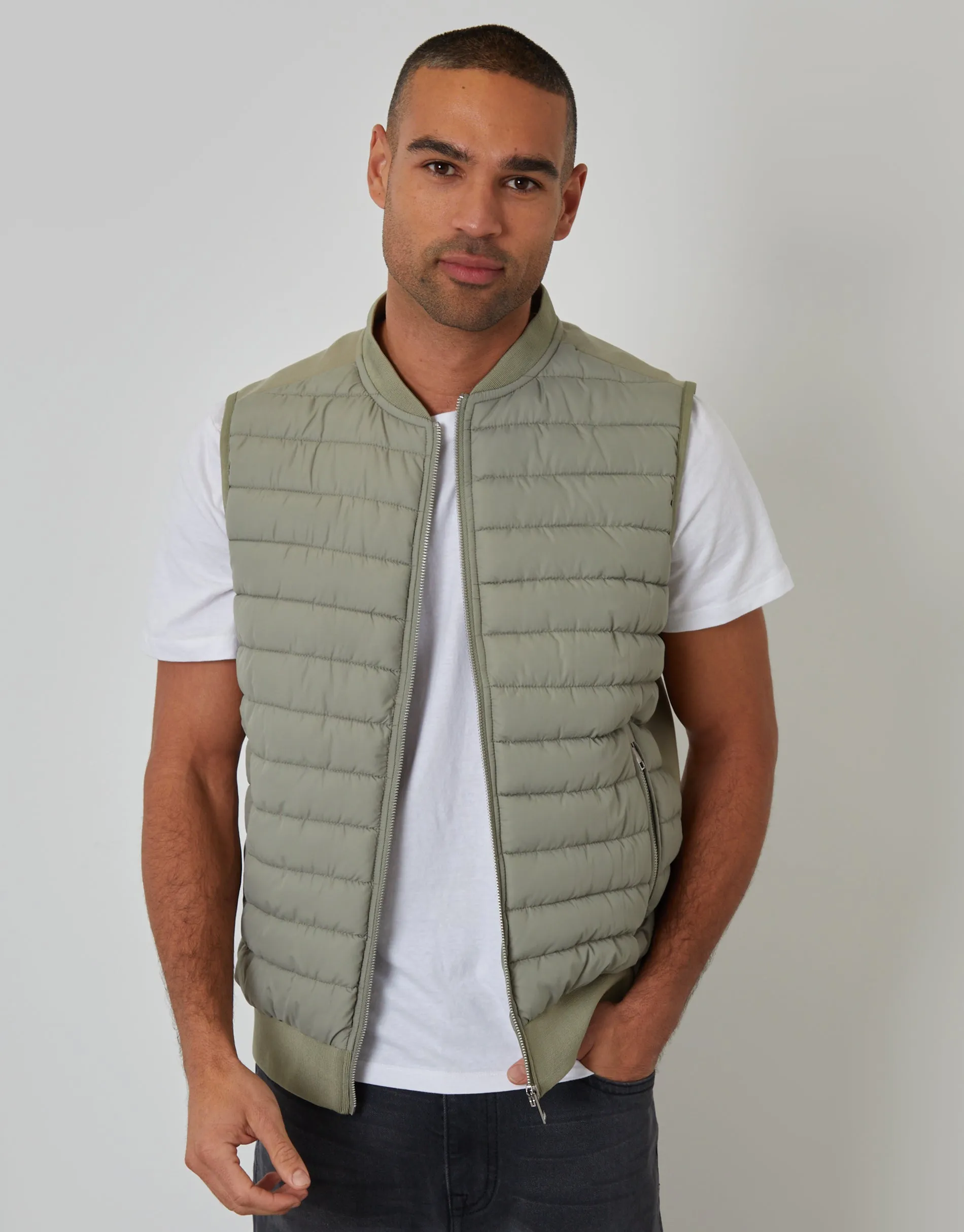 Sage Green Quilted Hybrid Gilet sold by Threadbare