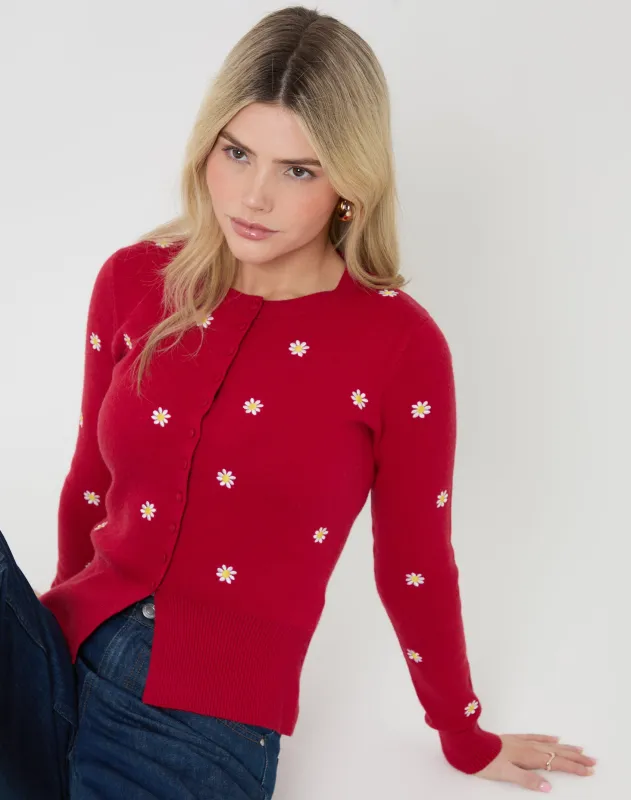 Red Daisy Embroidered Crew Neck Knitted Cardigan sold by Threadbare