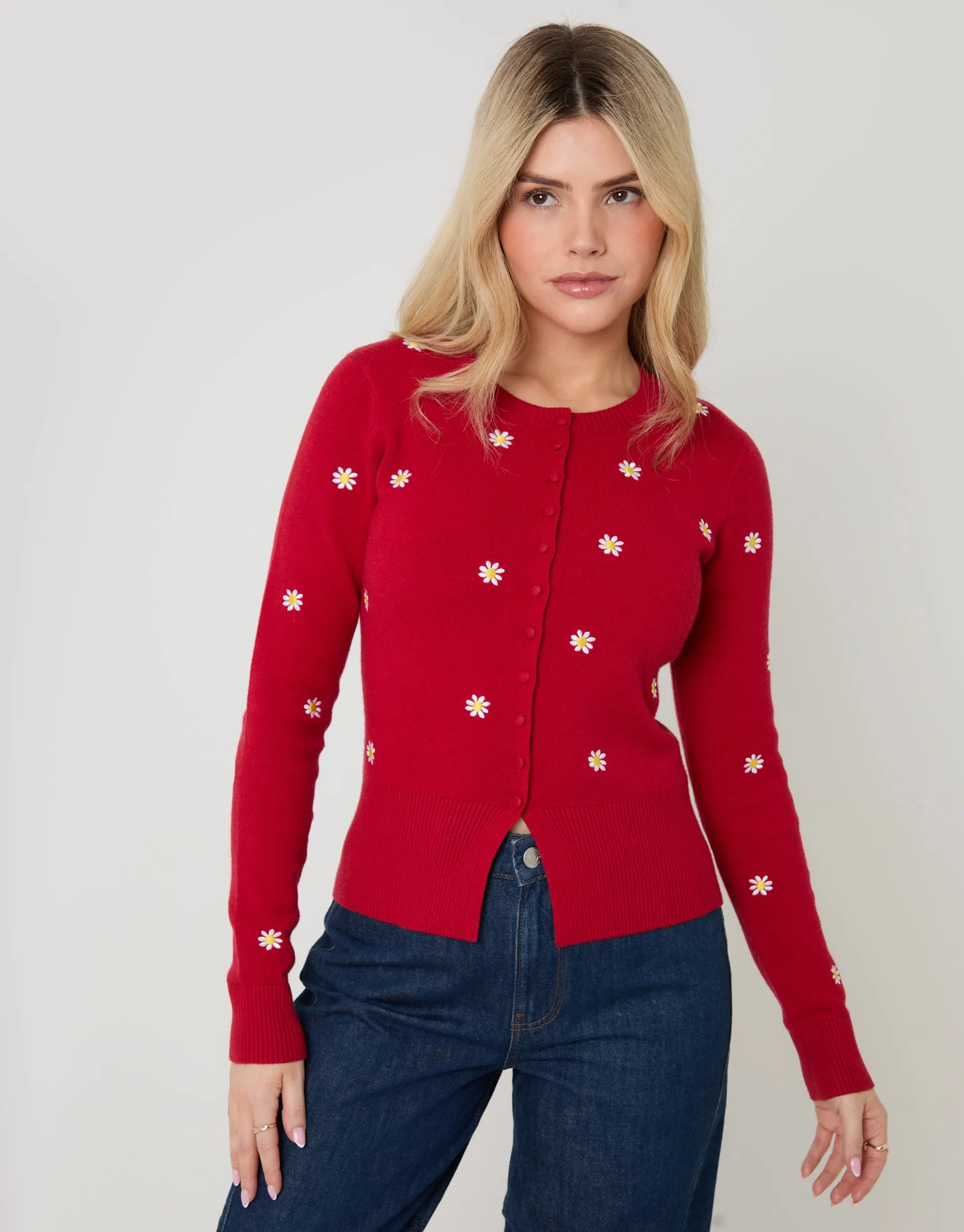 Red Daisy Embroidered Crew Neck Knitted Cardigan sold by Threadbare product image thumbnail 3