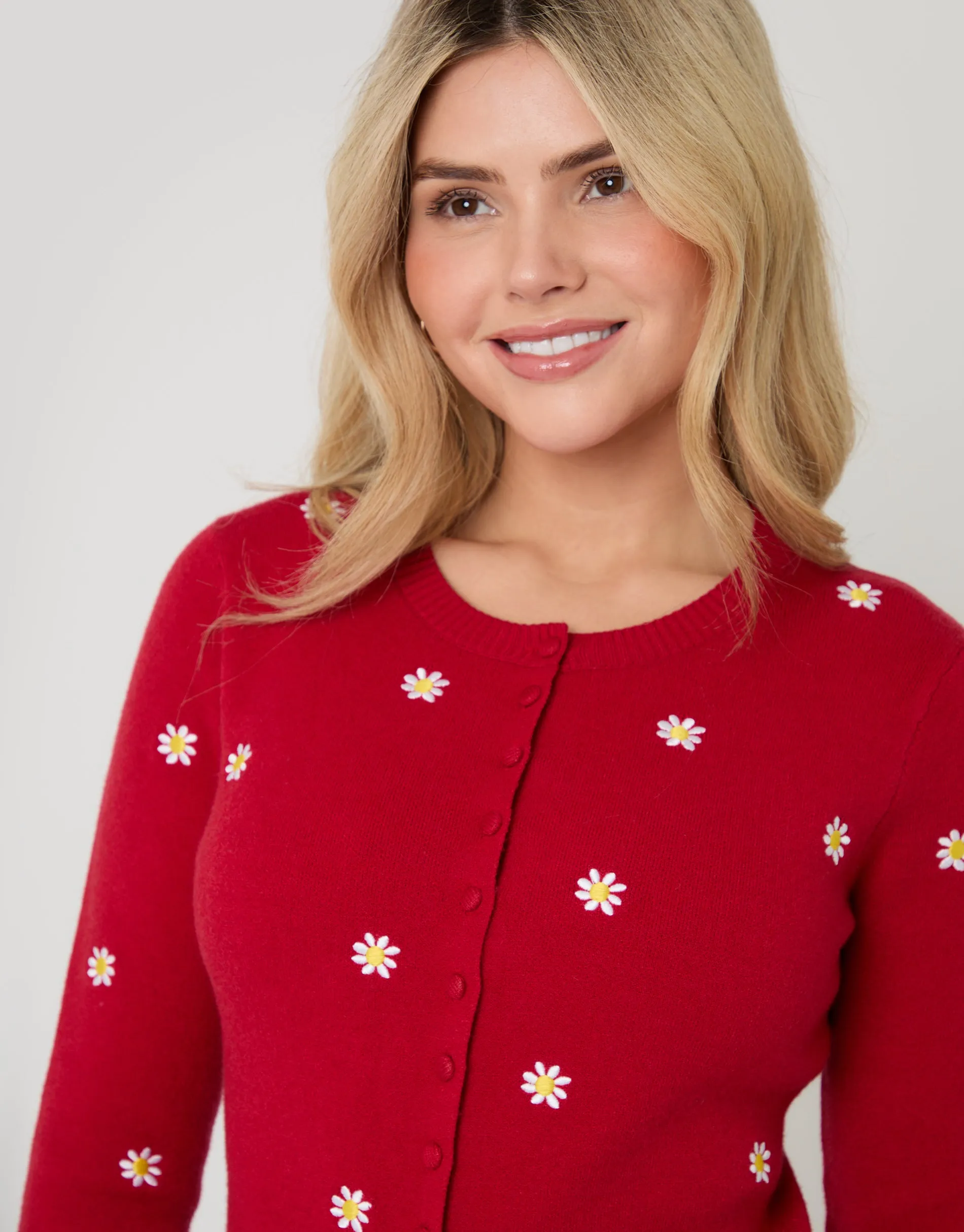 Red Daisy Embroidered Crew Neck Knitted Cardigan sold by Threadbare product image thumbnail 2