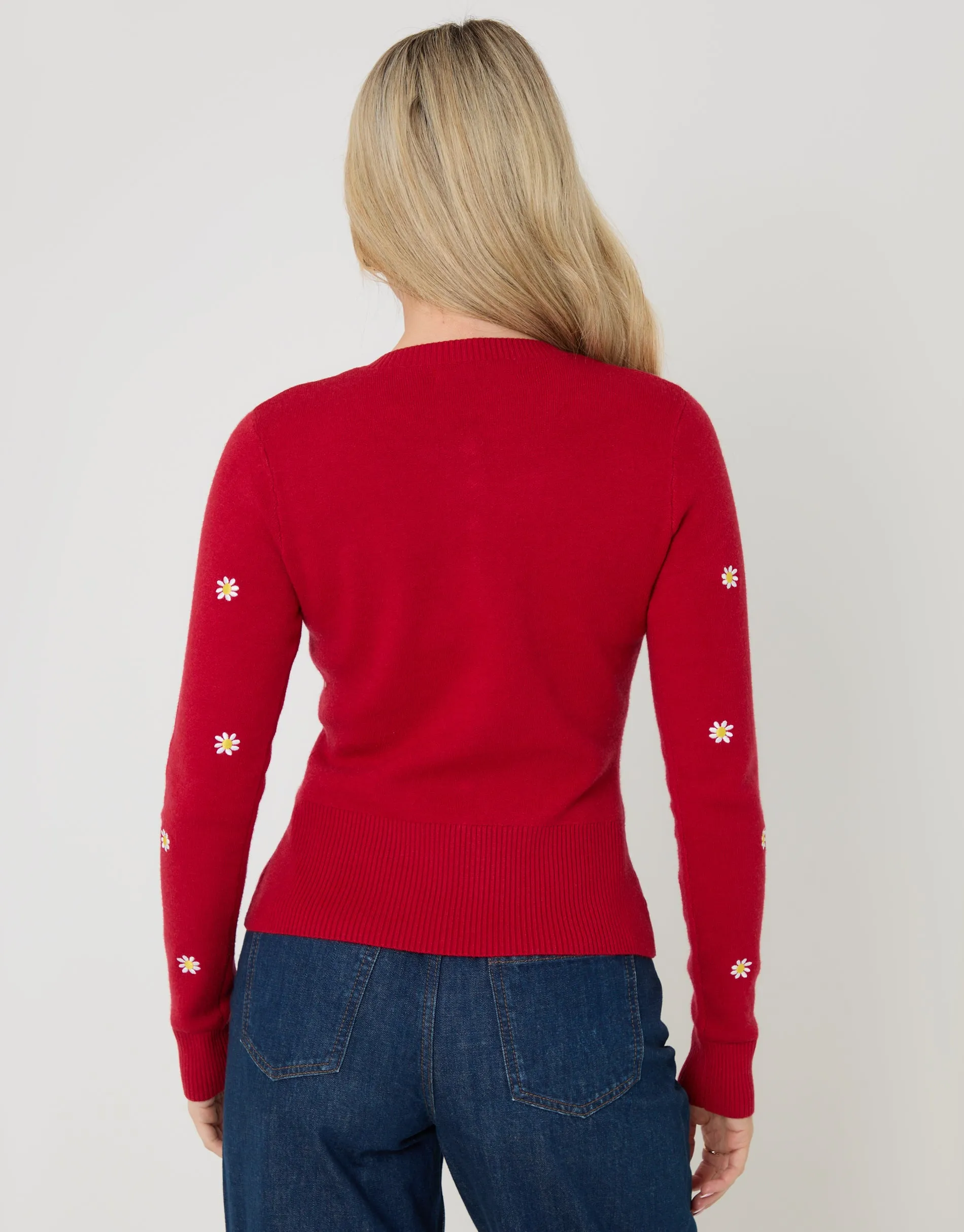 Red Daisy Embroidered Crew Neck Knitted Cardigan sold by Threadbare product image thumbnail 4