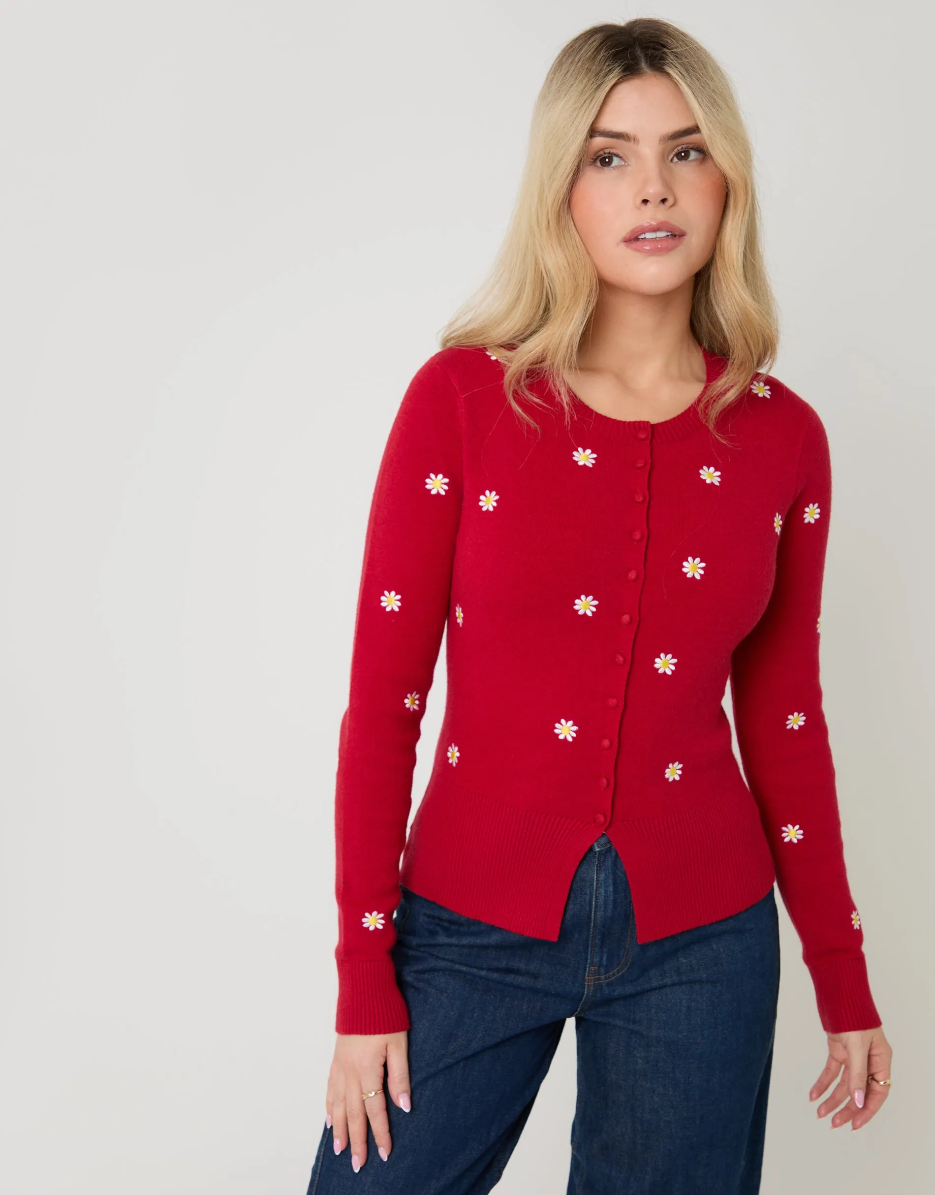 Red Daisy Embroidered Crew Neck Knitted Cardigan sold by Threadbare product image thumbnail 5