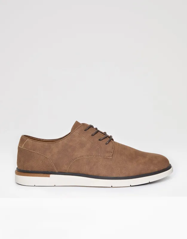 Tan Brown Faux Suede Derby Shoes sold by Threadbare