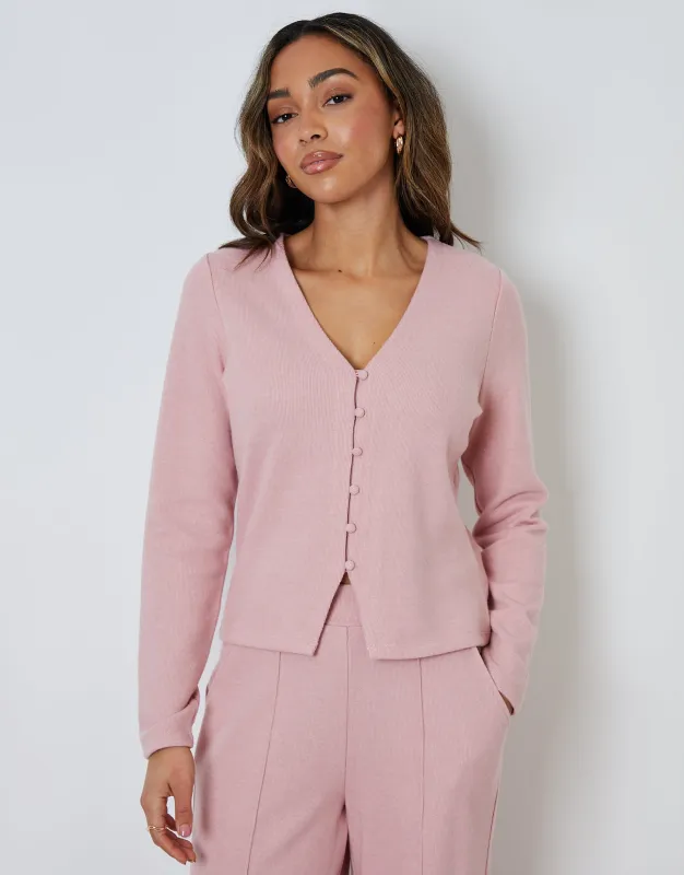 Pink Ribbed V Neck Lounge Cardigan sold by Threadbare