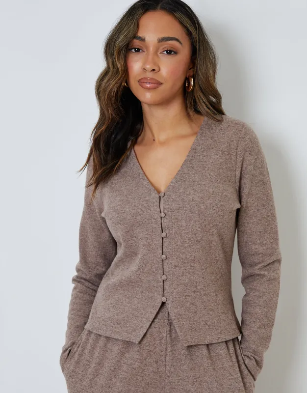 Brown Ribbed V Neck Lounge Cardigan sold by Threadbare