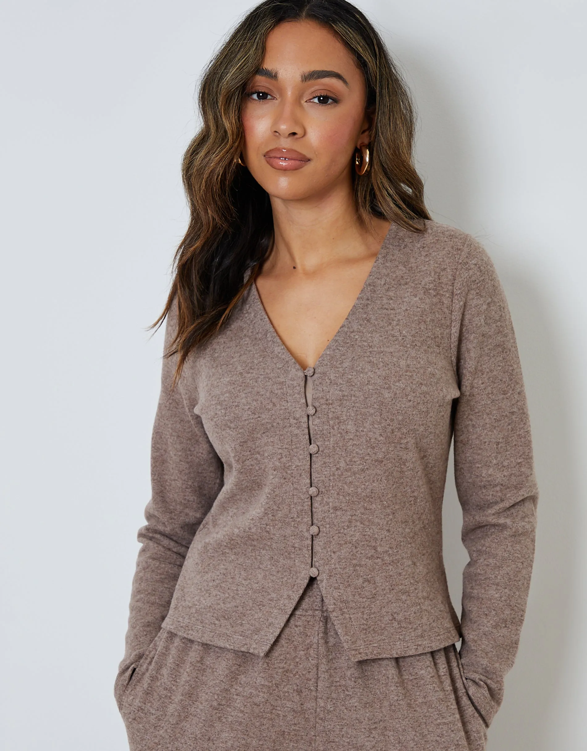 Brown Ribbed V Neck Lounge Cardigan sold by Threadbare