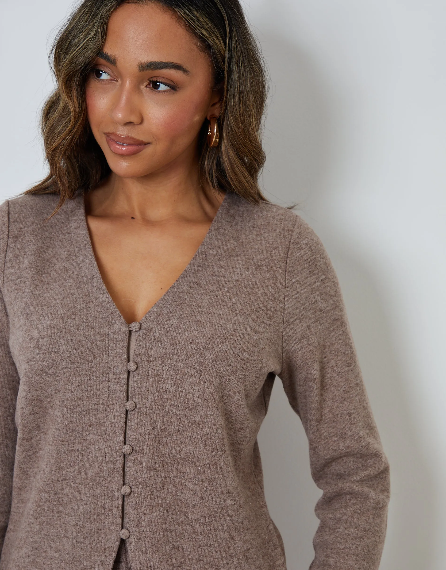 Brown Ribbed V Neck Lounge Cardigan sold by Threadbare product image thumbnail 2