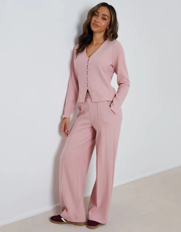 Wide Leg Seam Detail Ribbed Joggers in Pink made by Threadbare