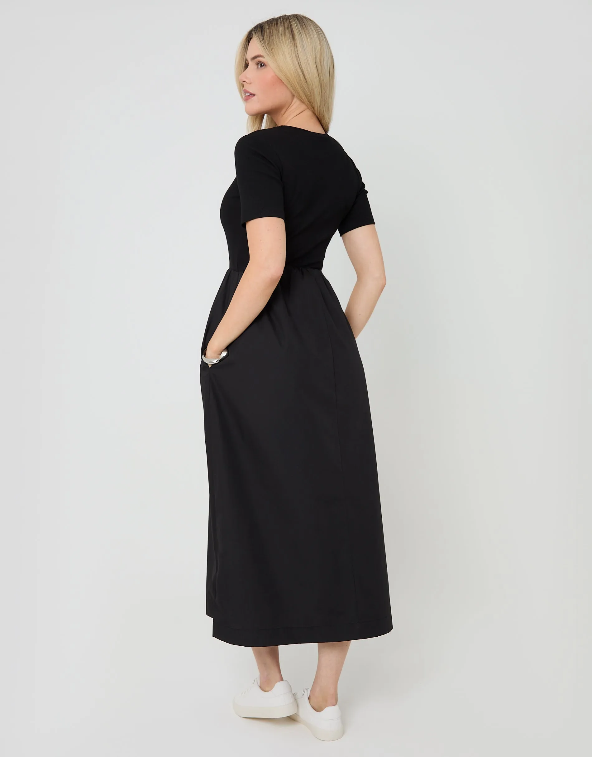 Black 2-in-1 Jersey Poplin Mix Crew Neck Midi Dress sold by Threadbare product image thumbnail 4