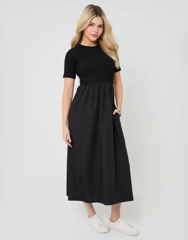 Black 2-in-1 Jersey Poplin Mix Crew Neck Midi Dress sold by Threadbare