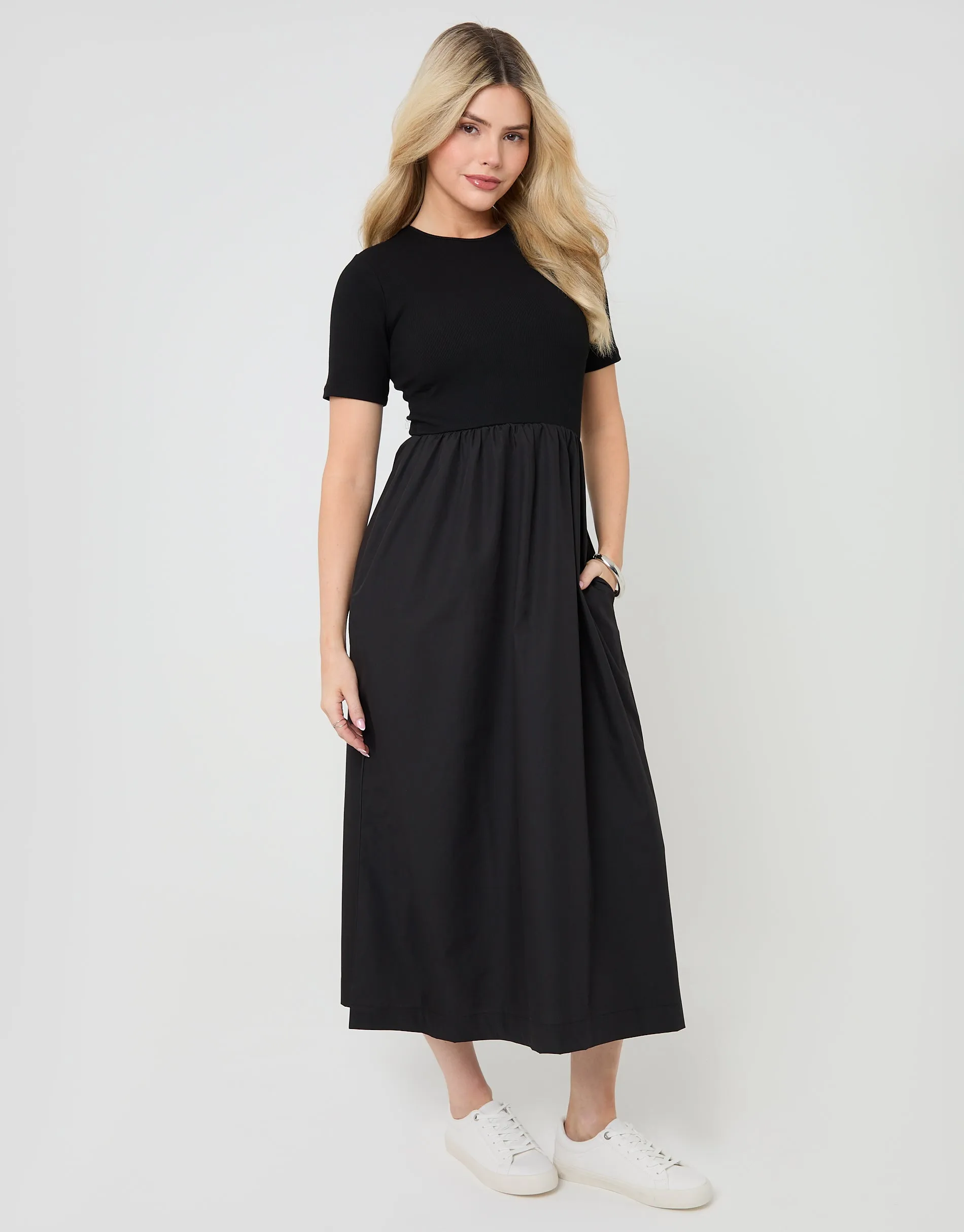 Black 2-in-1 Jersey Poplin Mix Crew Neck Midi Dress sold by Threadbare