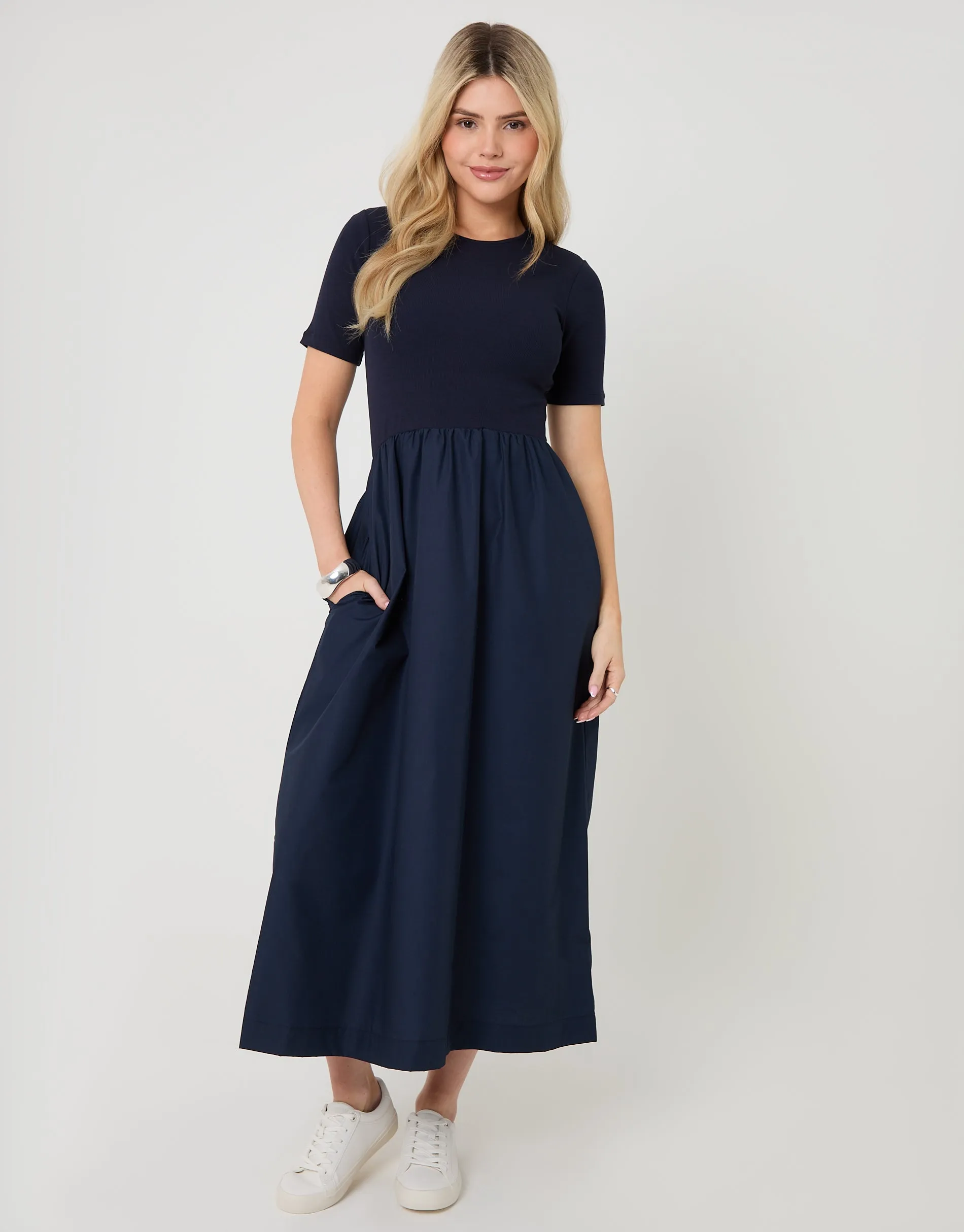 Navy 2-in-1 Jersey Poplin Mix Crew Neck Midi Dress sold by Threadbare