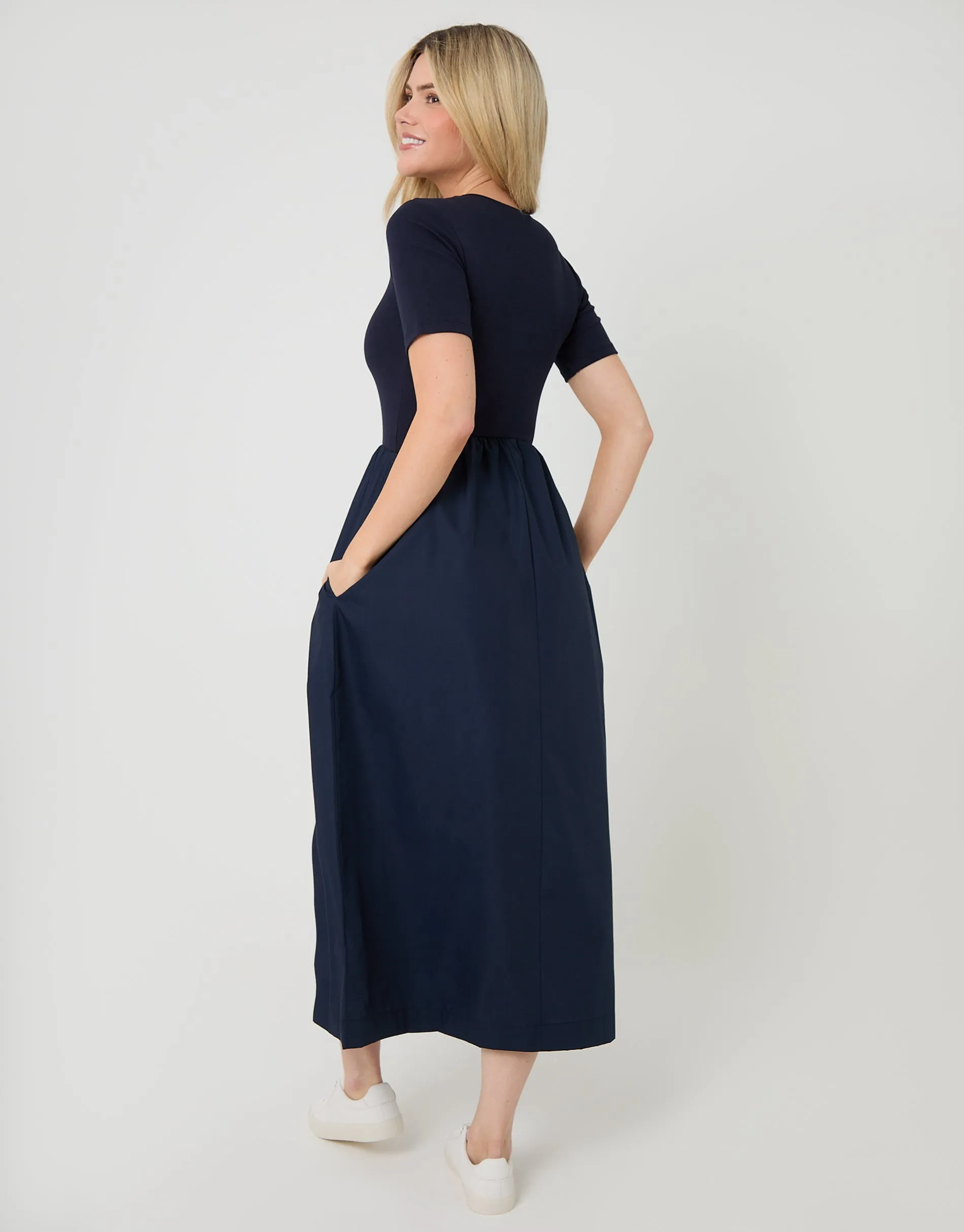 Navy 2-in-1 Jersey Poplin Mix Crew Neck Midi Dress sold by Threadbare product image thumbnail 2