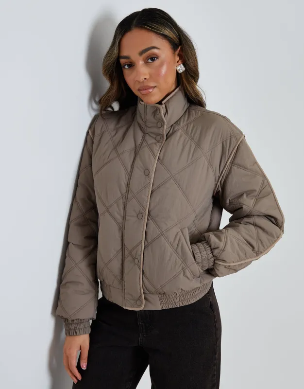Grey Quilted Funnel Neck Bomber Jacket sold by Threadbare