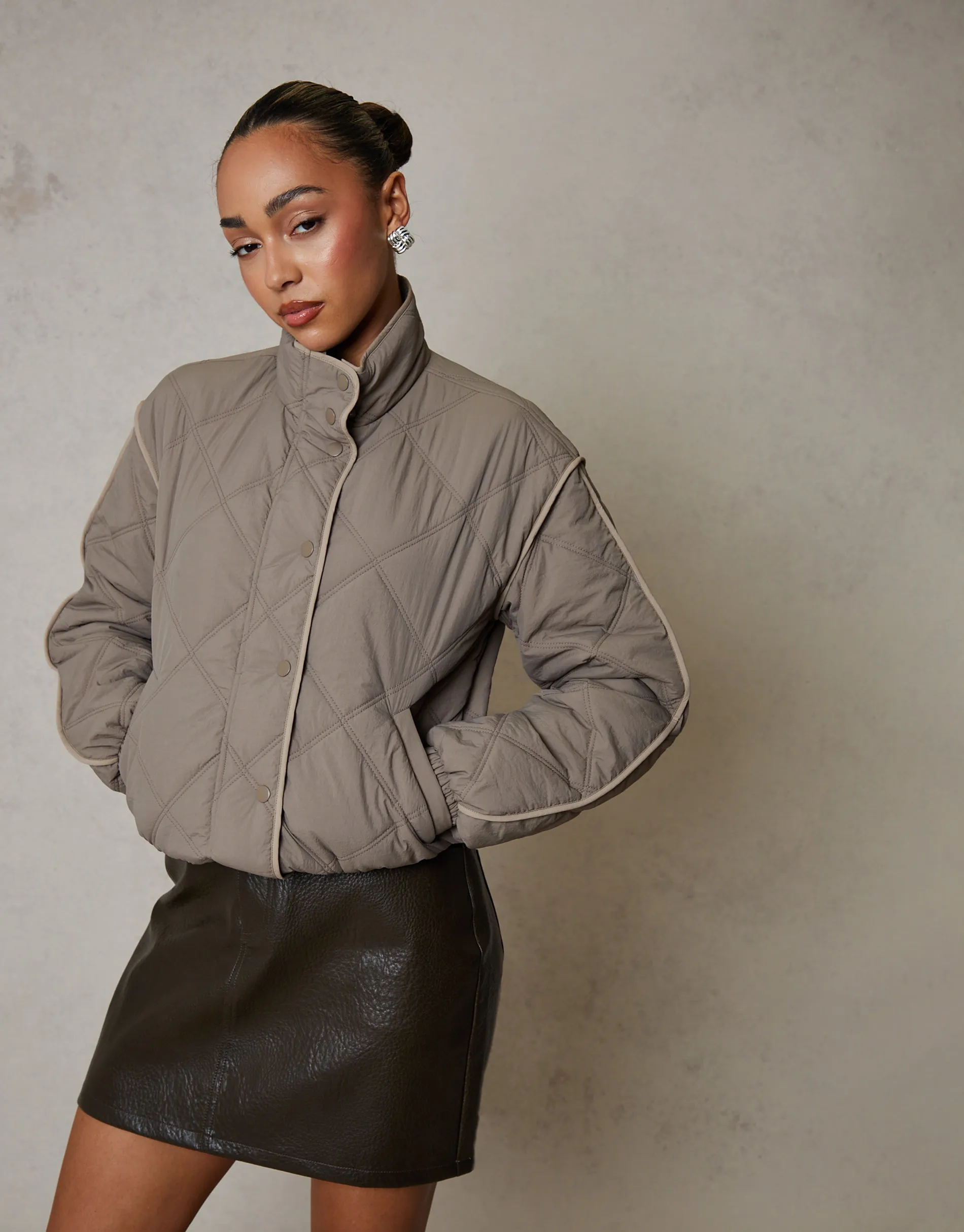 Grey Quilted Funnel Neck Bomber Jacket sold by Threadbare product image thumbnail 5