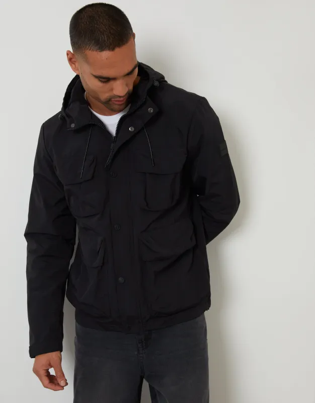 Hooded Utility Coat in Black made by Threadbare