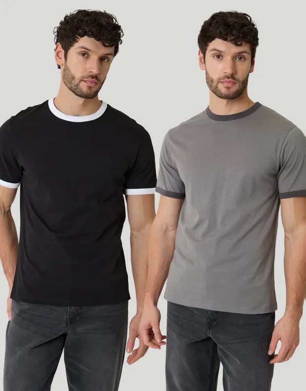 2 Pack Cotton Ringer T-Shirts in Black & Slate Grey made by Threadbare